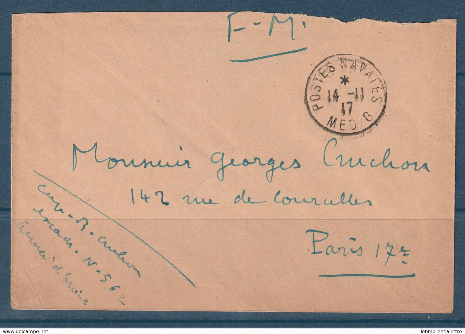 ⭐ France - Poste Navale - FM - Cachet postes navales en 1917 MED G - armée d'Orient - 14 / 11 / 1917 ⭐