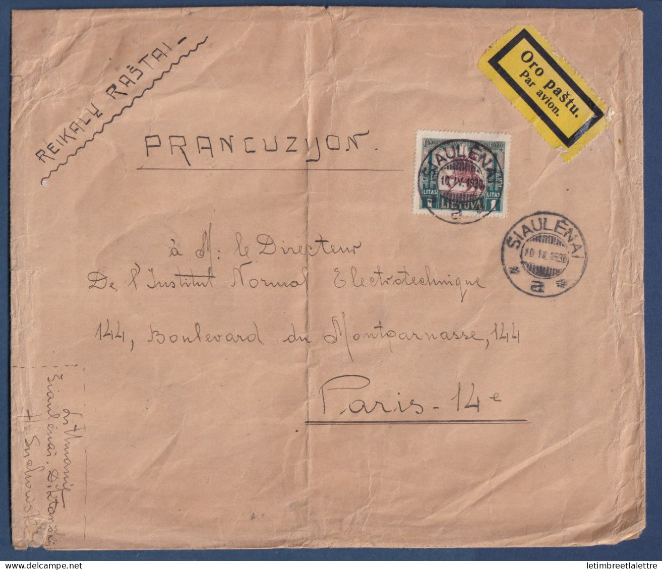 Lituanie - YT n° 298 - pour la France en 1930 sur lettre pesante par avion