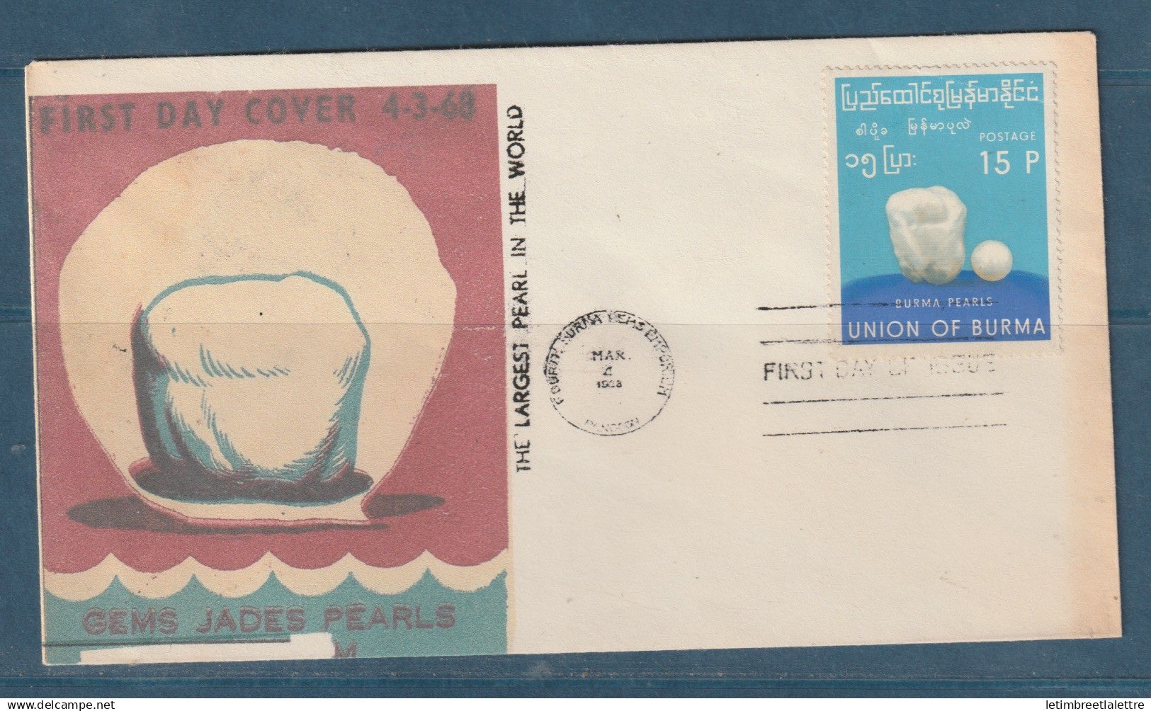 Myanmar - Birmanie - Burma - YT n° 110 - FDC premier jour perles fines - Gems jades Pearls - 1968