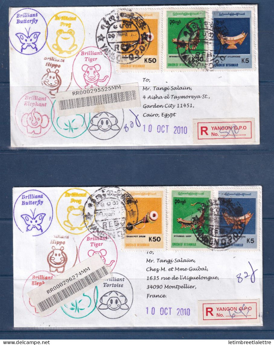 Myanmar - Birmanie - Burma - enveloppe recommandé pour l'Egypte et France - instruments de musique - Papillons - 2010