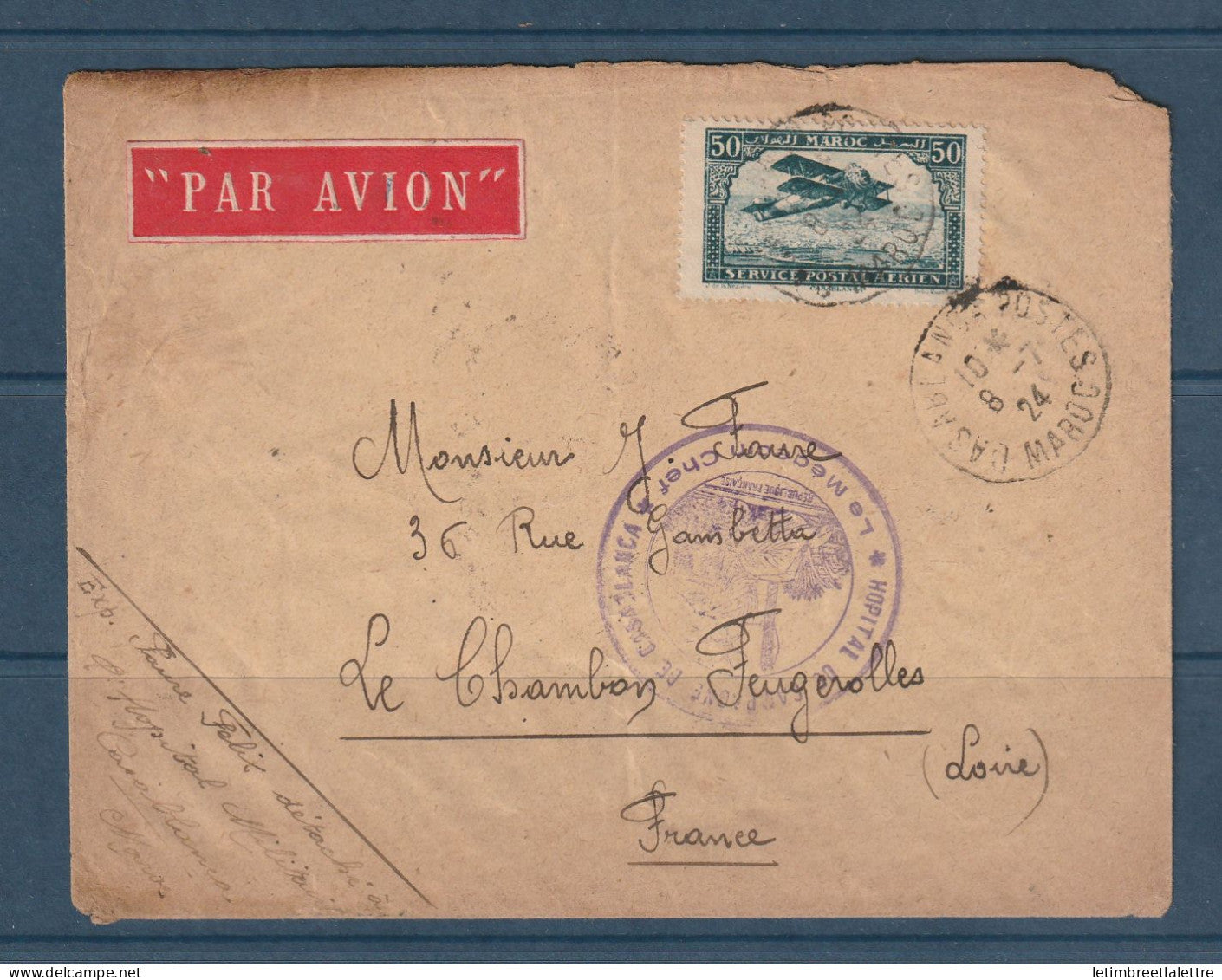 Maroc - Poste aérienne - YT n° 3 - Hôpital de campagne de Casablanca - le médecin chef - pour la France par avion - 1924