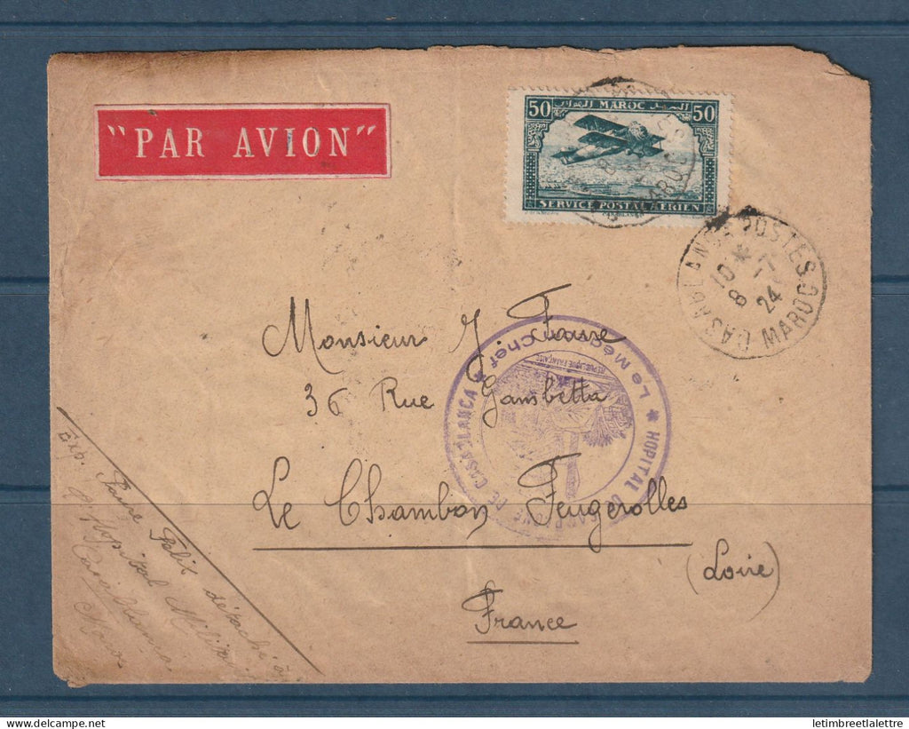 Maroc - Poste aérienne - YT n° 3 - Hôpital de campagne de Casablanca - le médecin chef - pour la France par avion - 1924