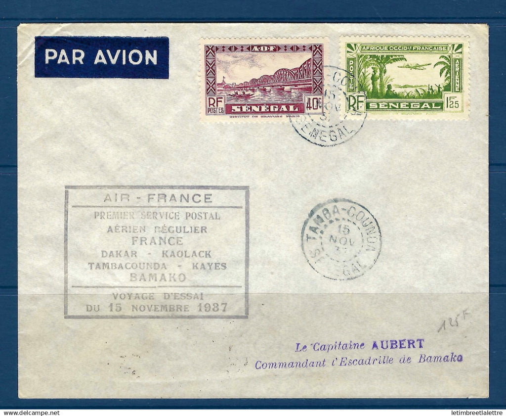 Sénégal - Poste aérienne - Premier service postal aérien régulier Dakar Kaolack Tambacounda et Kayes - 1937
