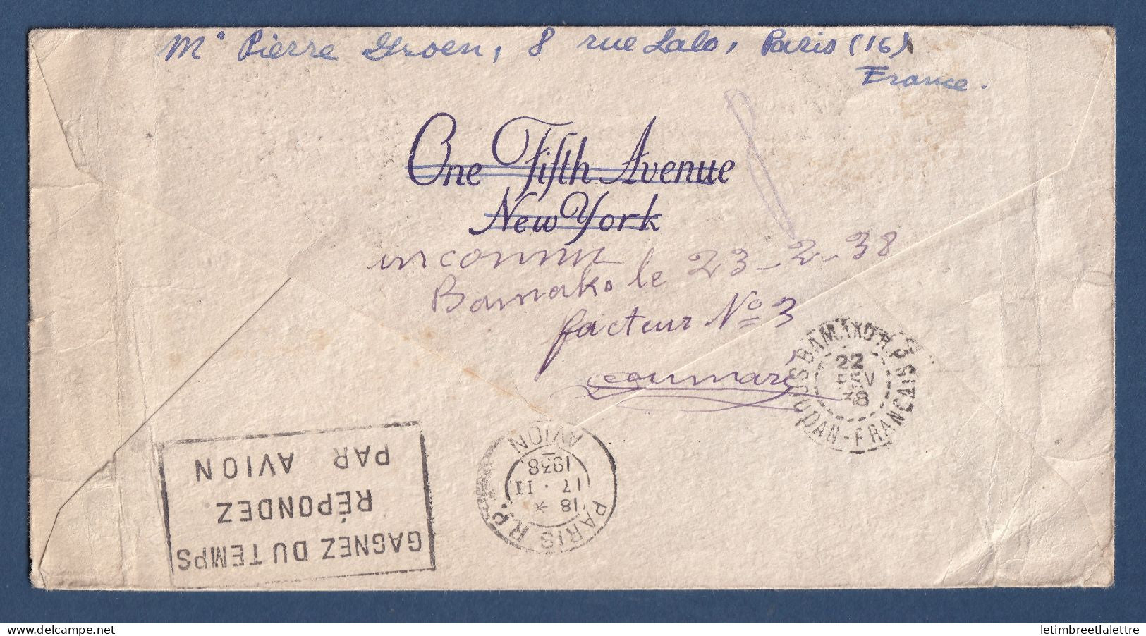 France - lettre pour Bamako via premier Premier service aérien Gao Bamako - 1938
