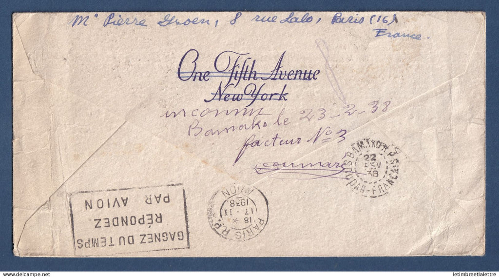 France - lettre pour Bamako via premier Premier service aérien Gao Bamako - 1938
