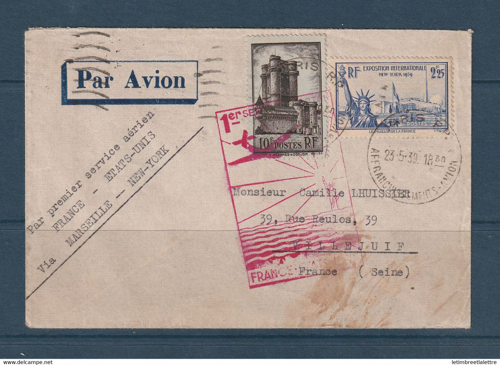 France - YT n° 393 et 426 par premier service aérien France Etats Unis ( Marseille New York ) - 1939