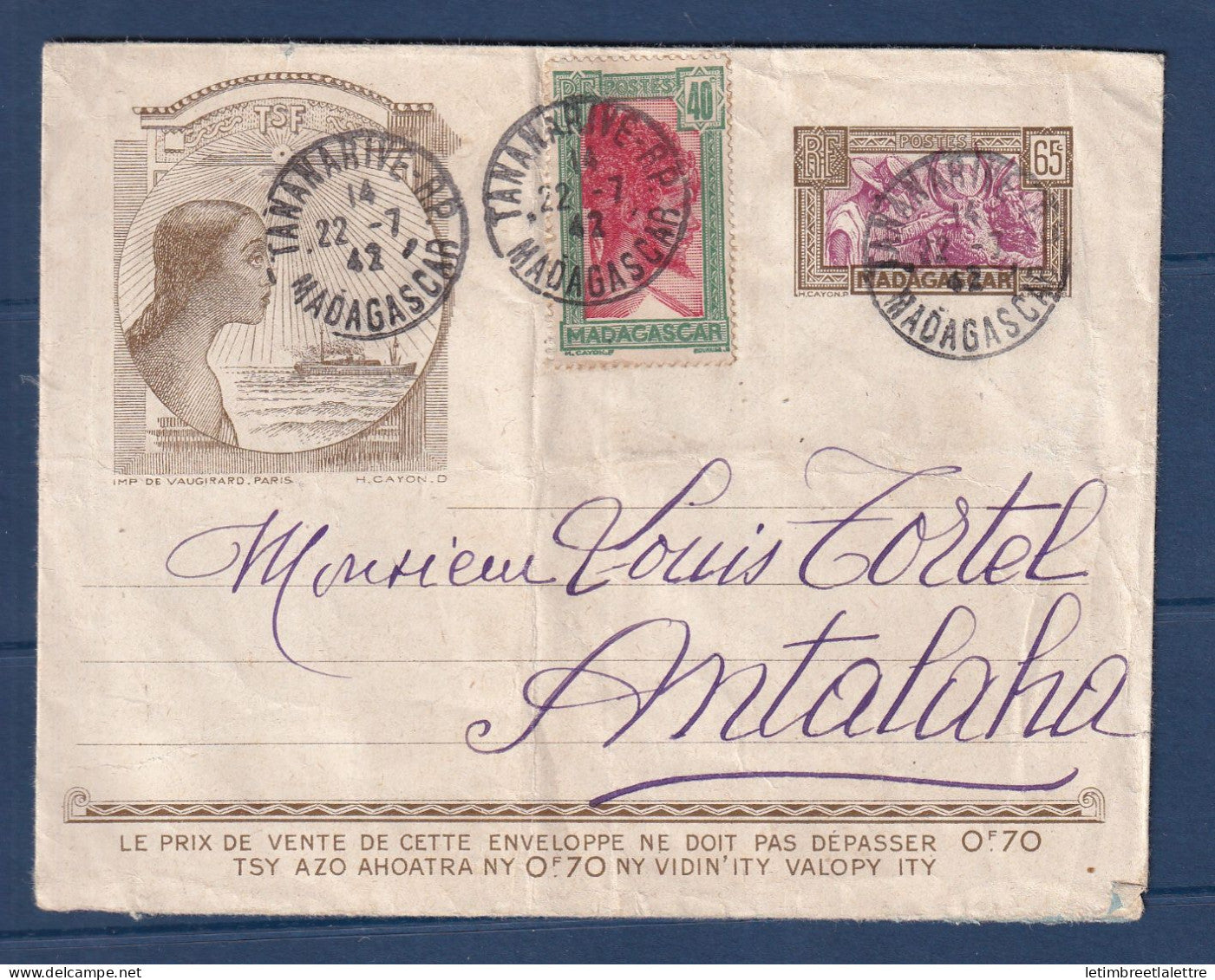 Madagascar - Entier postal n° ENV 21 - enveloppe décorée pour Antalaha - 1942