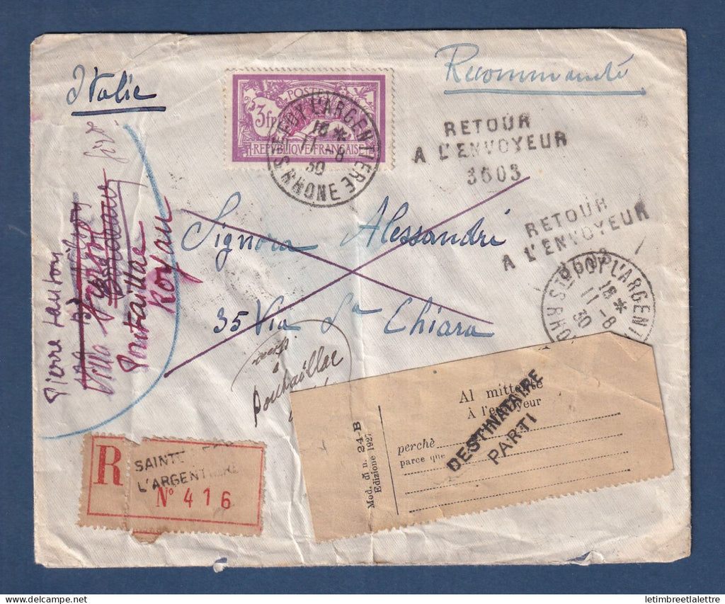 France - YT n° 240 ( merson ) sur recommandé Saint Foy l'Argentiere pour l'Italie et réexpédié - 1930