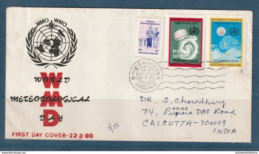 Myanmar - Birmanie -  Burma - YT n° 186 et 187 - Fdc premier jour ayant circulé pour l'Inde - WMD - ONU - 1980