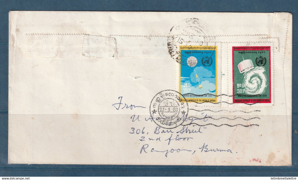 Myanmar - Birmanie -  Burma - YT n° 186 et 187 - Fdc premier jour ayant circulé pour l'Inde - WMD - ONU - 1980