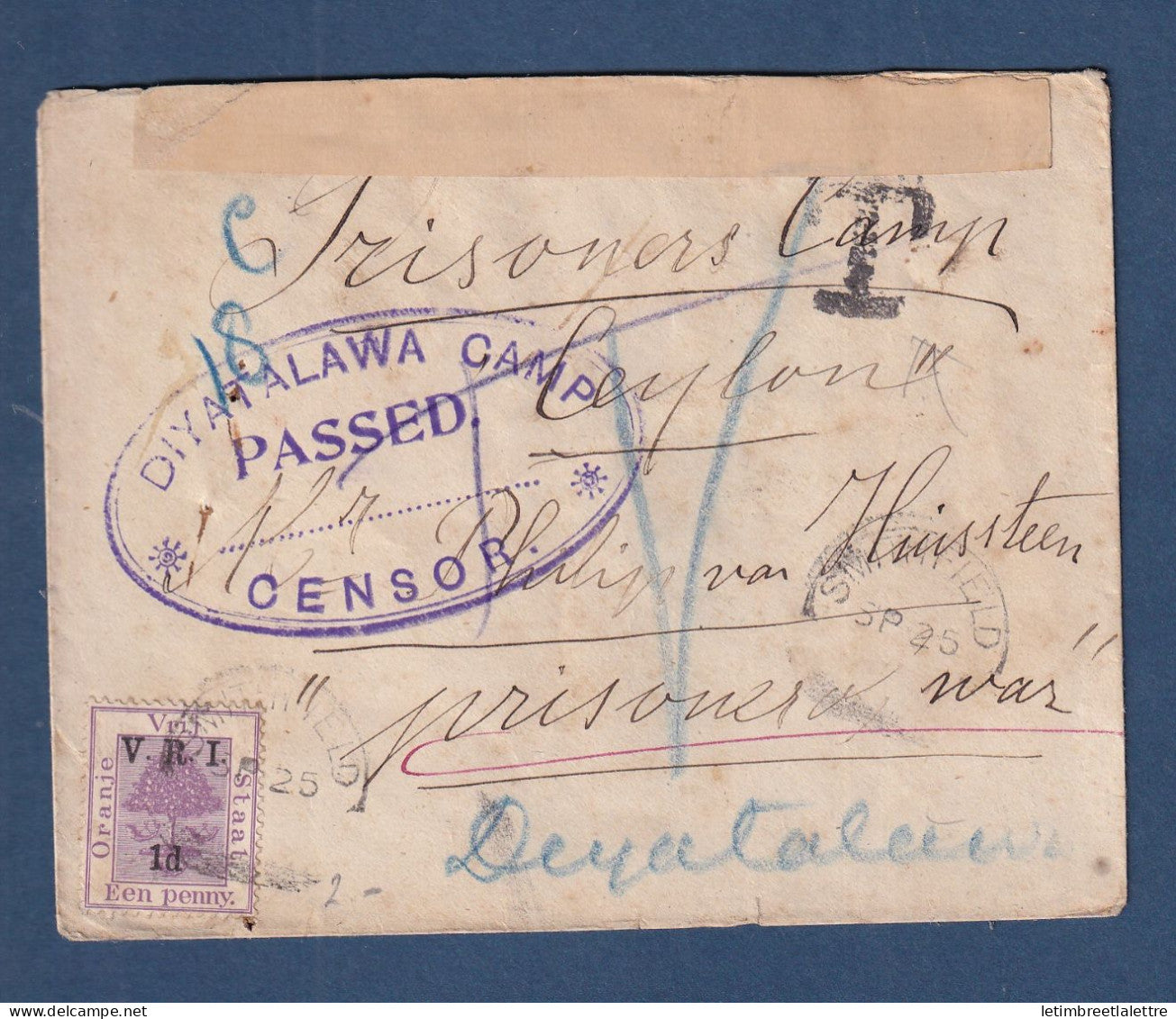 Orange - YT n° 23 sur lettre de prisonnier de guerre ( Boers ) du camps de Diyatalawa - 1900