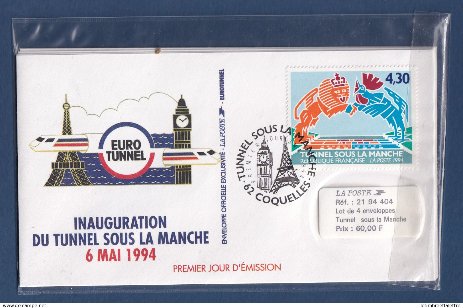 France - FDC - Premier Jour - Lot de 4 FDC - Inauguration du tunnel sous la manche - 1994