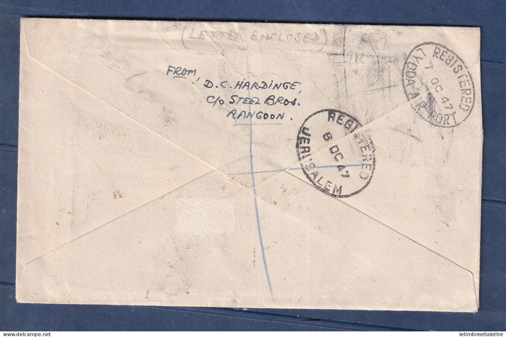 Myanmar - Birmanie - Burma - Gouvernement intérimaire FDC premier jour recommandé pour Jérusalem - Palestine - 1947