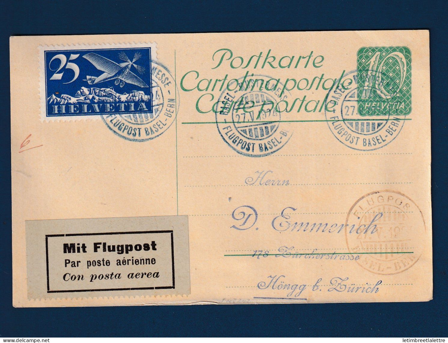 Suisse - Entier postal - Poste aérienne - Basel Bern - cachet bleu Mustermesse - 1924
