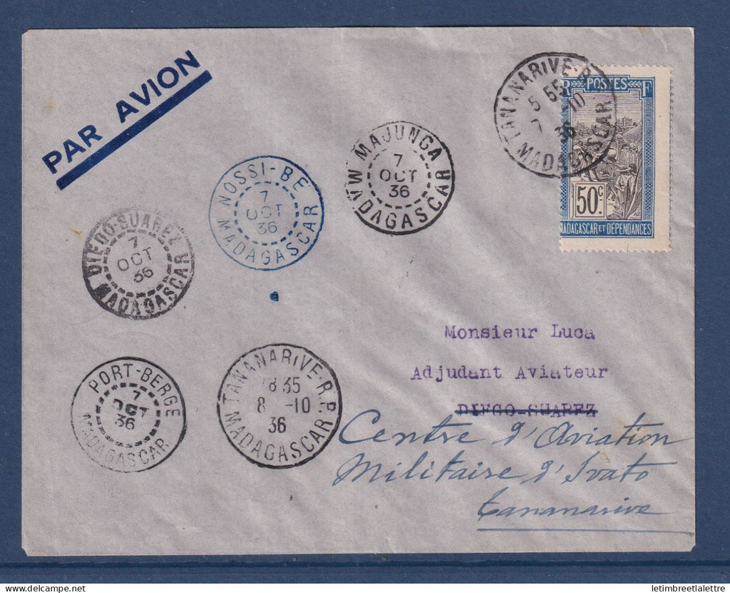 Madagascar - 7 10 1936 - Ivato avec Cachet à Date de Diégo Suarez Nossi Bé Majunga Port Berge et Tananarive par avion