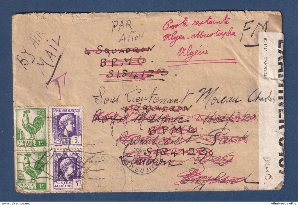 Algérie - Franchise militaire de Moustapha ( Alger ) par avion pour Londres avec censure - 1945