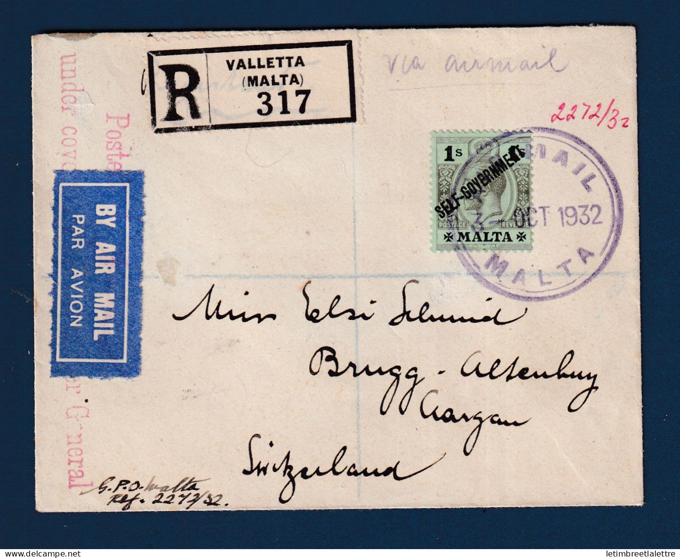 Malte - recommandé de Valletta par avion pour la Suisse - 1932