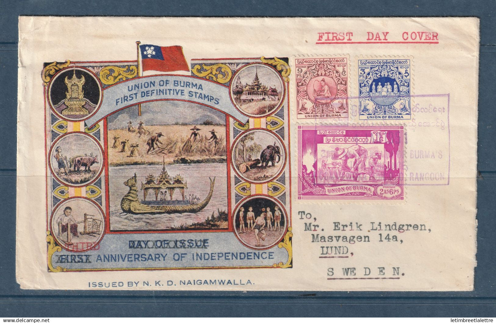 Myanmar - Birmanie - Burma - FDC premier jour de l'anniversaire de l'Indépendance - à destination de Lund Suède - 1951