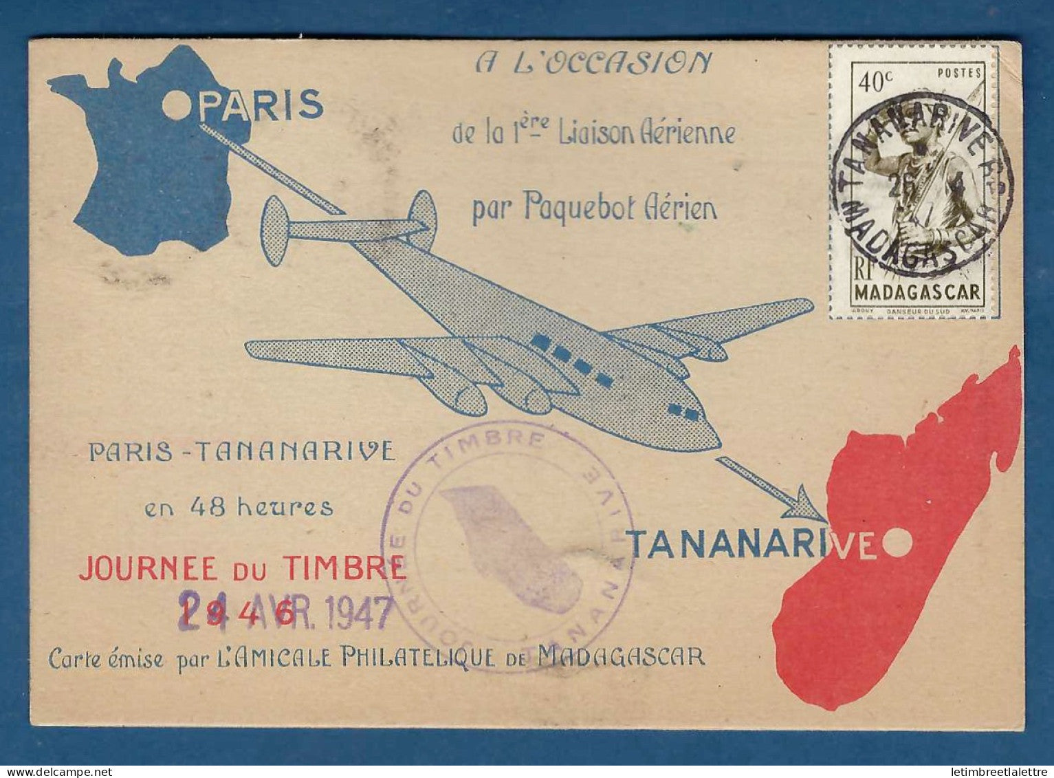 Madagascar - Première liaison aérienne par paquebot Aérien - Journée du timbre - en recommandé - 1947