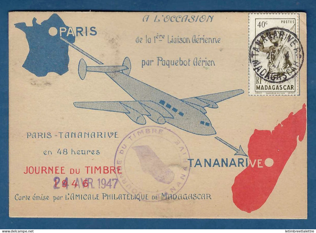 Madagascar - Première liaison aérienne par paquebot Aérien - Journée du timbre - en recommandé - 1947