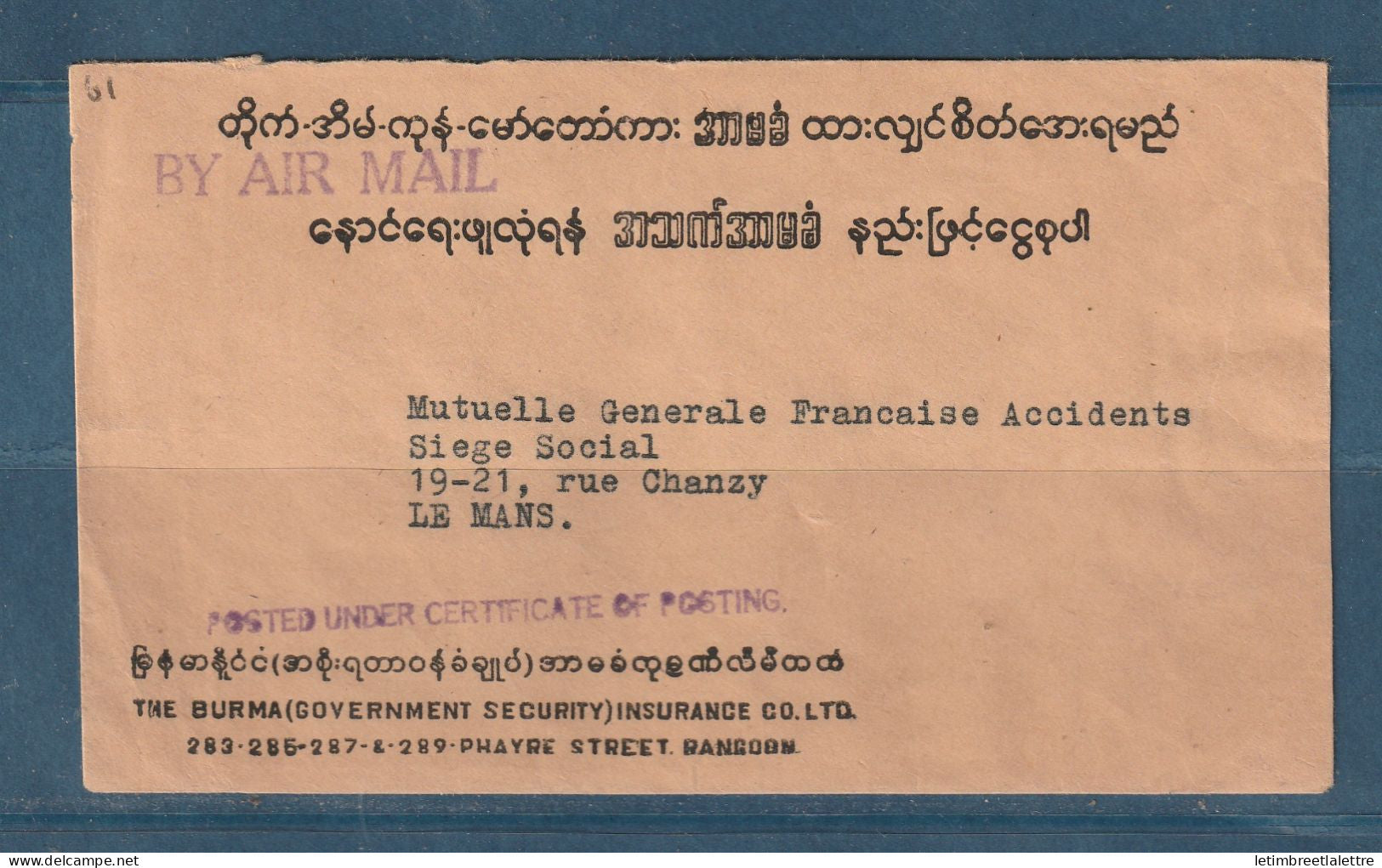 Myanmar - Birmanie - Burma - enveloppe par avion pour Le Mans ( France )