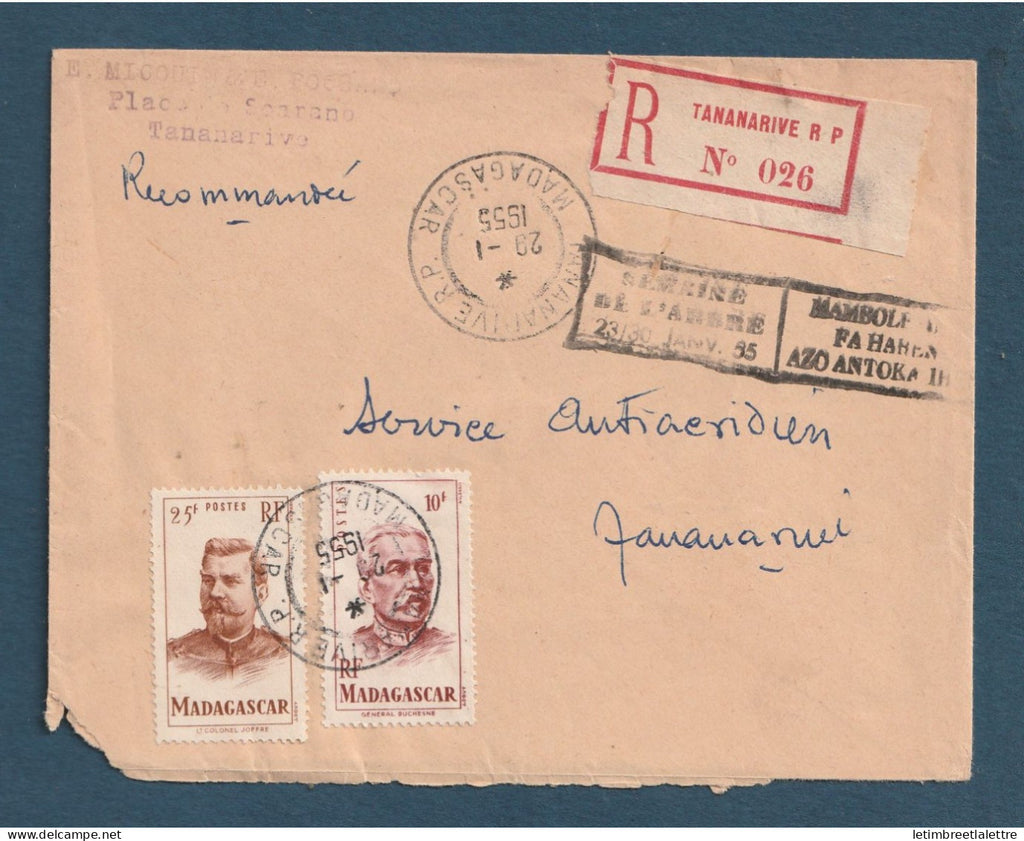 Madagascar - lettre en recommandé pour Tananarive - Semaine de l'arbre - 1955