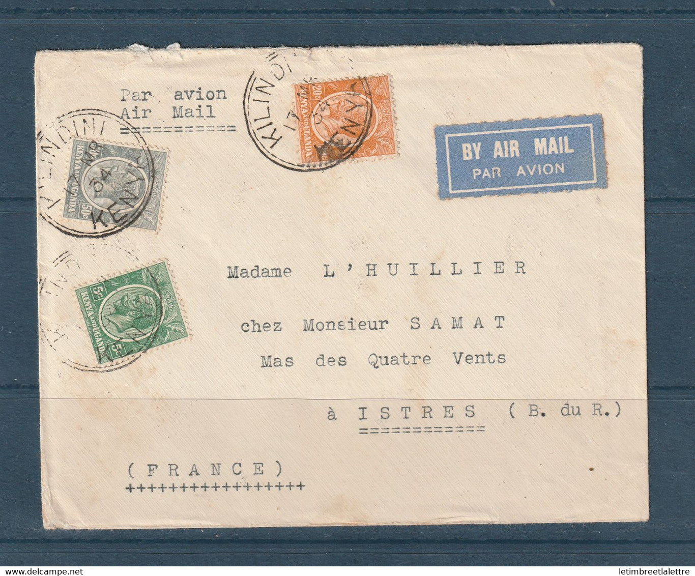 Kenya - enveloppe ( messageries maritimes ) Tamatave - cachet Kilindini pour Istres ( France ) par avion - 1934