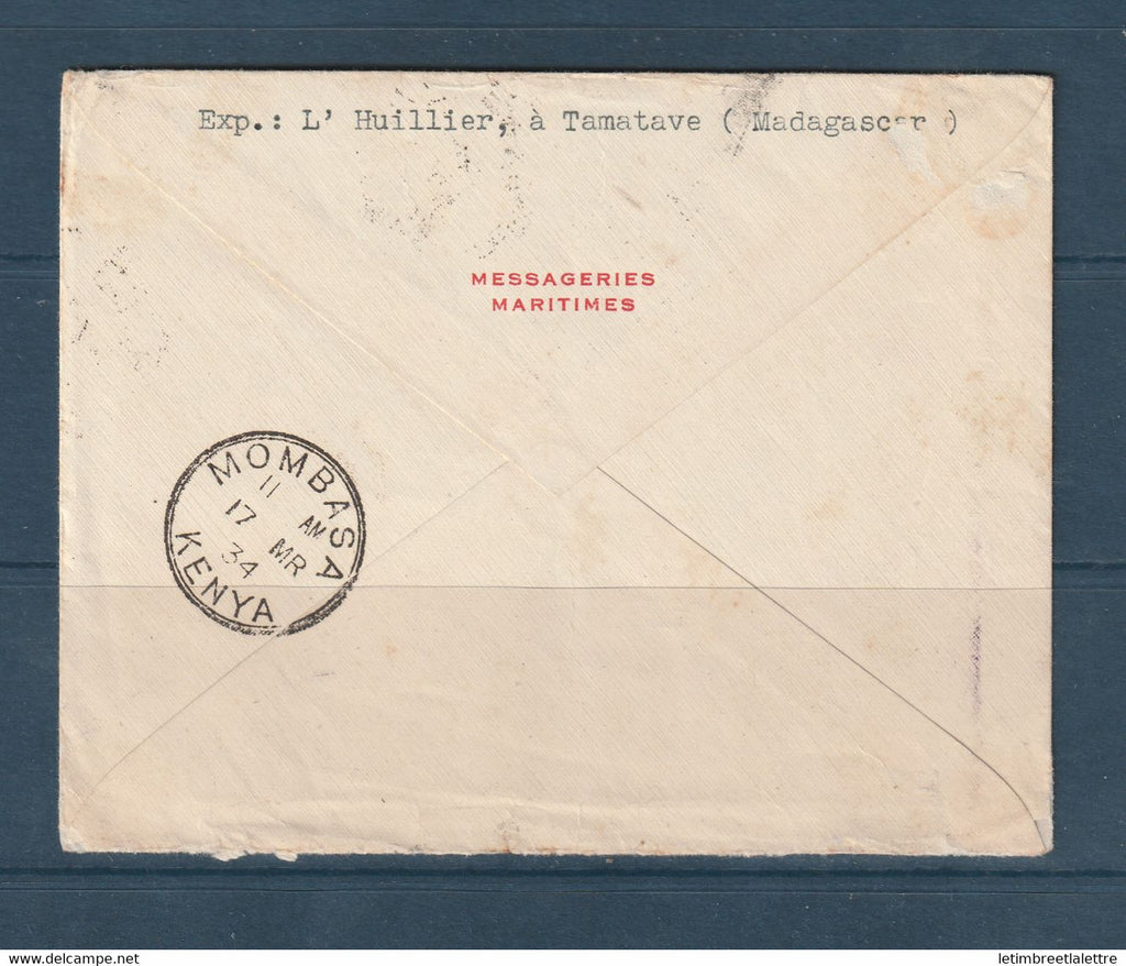 Kenya - enveloppe ( messageries maritimes ) Tamatave - cachet Kilindini pour Istres ( France ) par avion - 1934