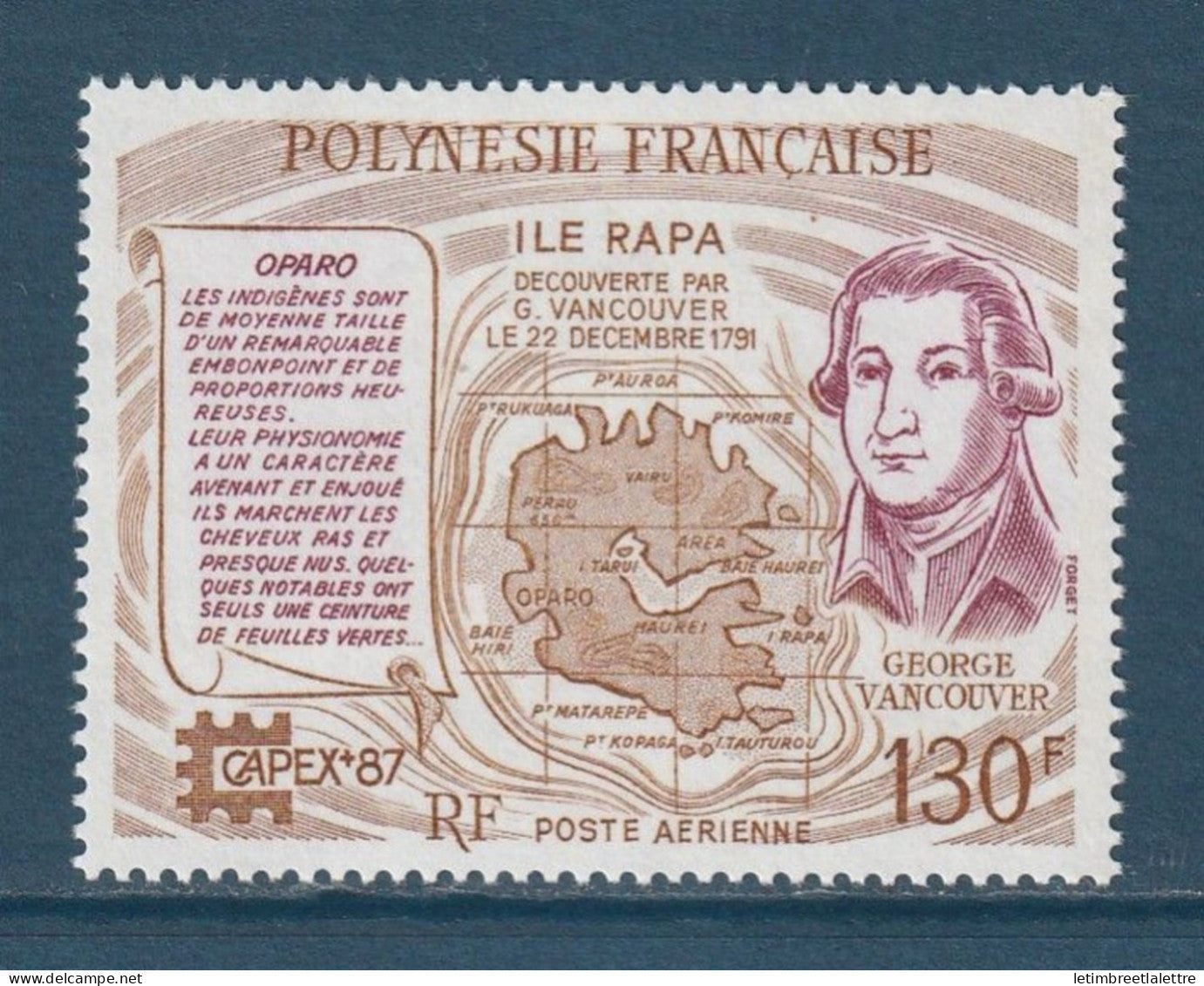 Polynésie française - Poste aérienne - YT PA n° 197 ** - Neuf sans charnière - Île Rapa - George Vancouver - 1987
