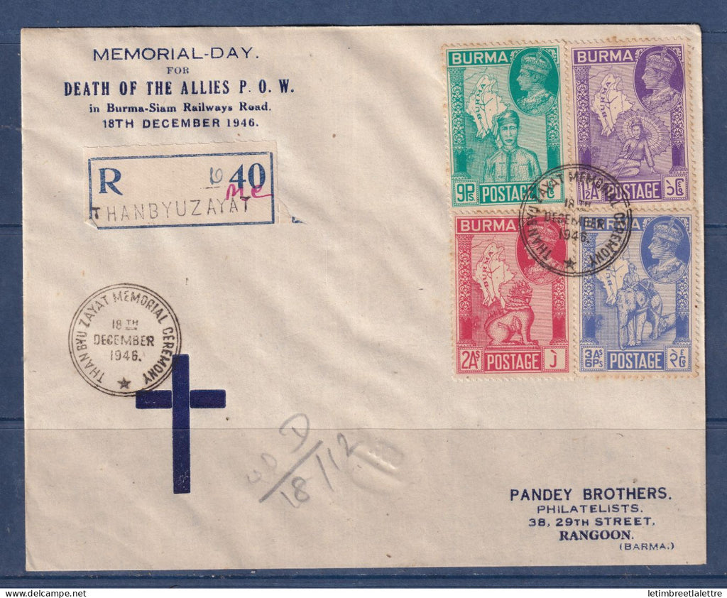 Myanmar - Birmanie - Burma - YT n° 50 à 53 - Enveloppe recommandé commémorative Thanbyuzayat Memorial Ceremony - 1946