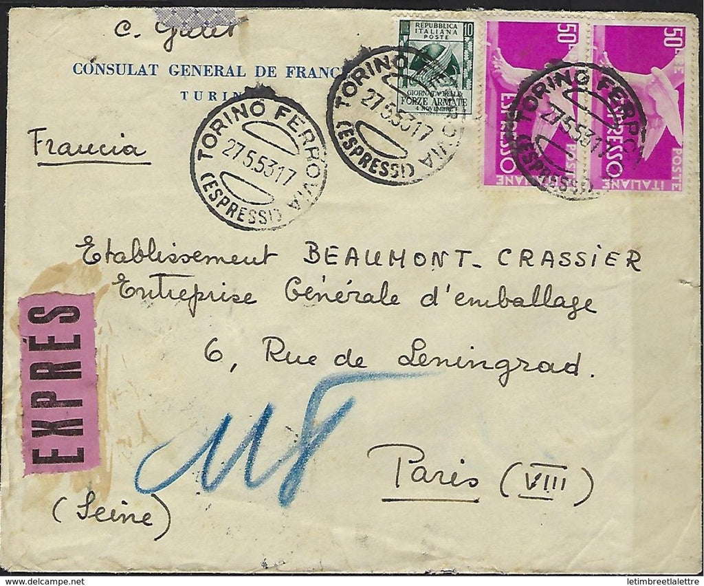 Italie - lettre par express du consulat - bel affranchissement - Torino Ferrovia - Chemin de Fer - Ferroviaire - 1953