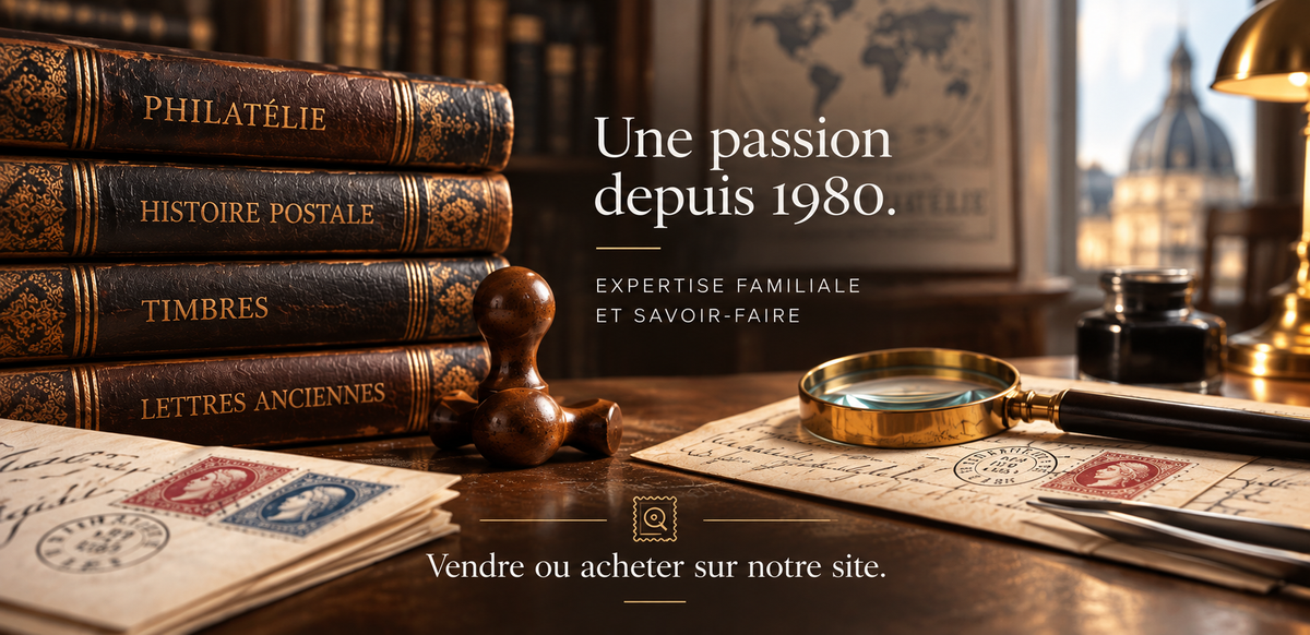 Philately books, historic letters and a magnifying glass. A passion since 1980: family expertise and craftsmanship. Buy or sell on our website.