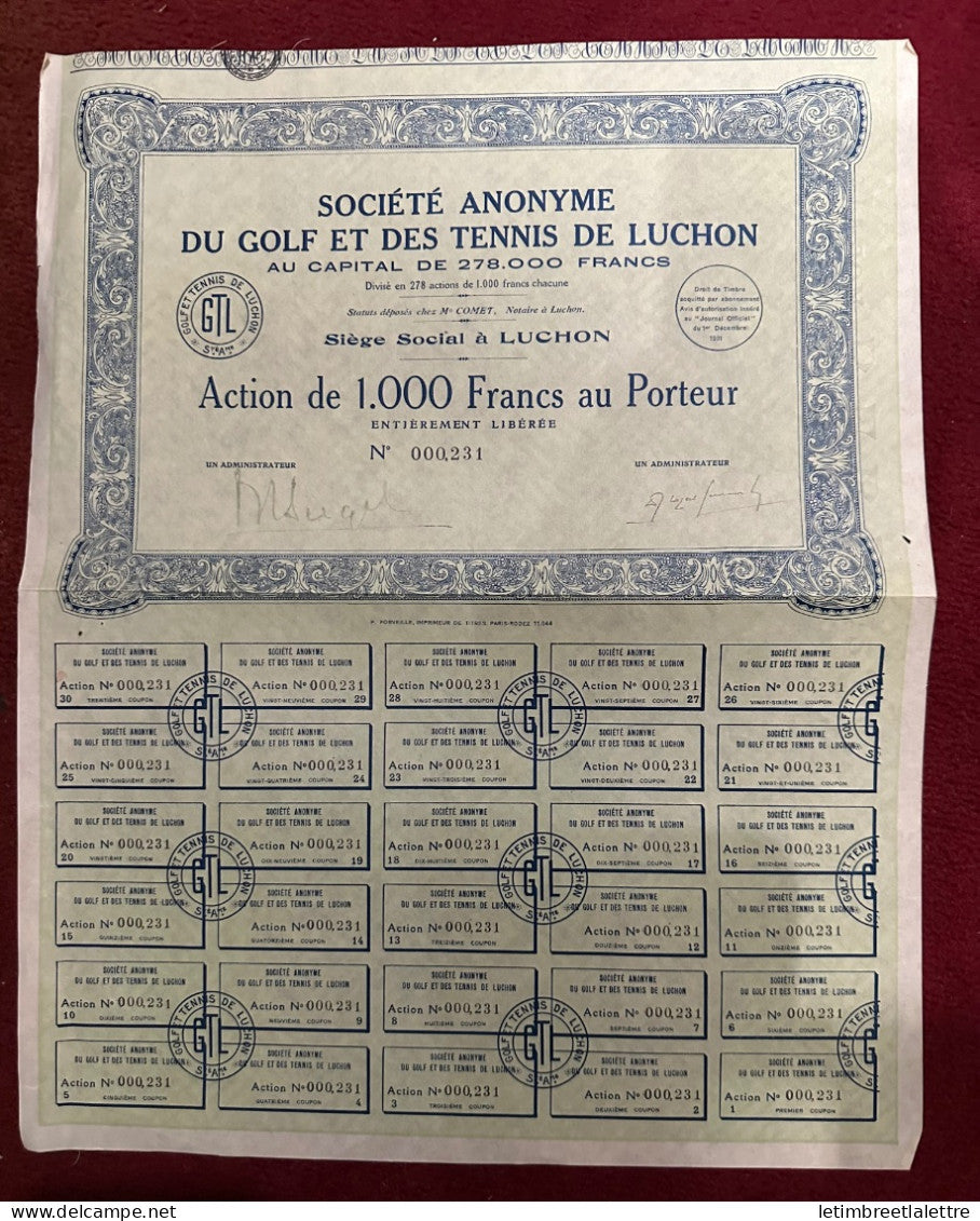France - Action de 1 000 francs au porteur - S.A. du golf et des tennis de Luchon - N° 000231