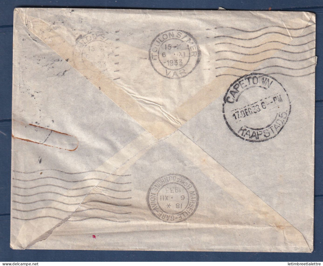 France - YT n° 287 et 260 sur lettre de Toulon pour Cape Town par avion à destination du Consulat de France - 1933