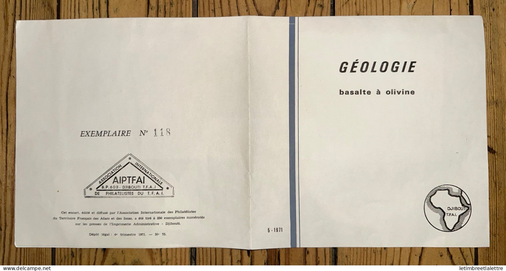 Djibouti - Fdc - premier jour - géologie - basalte à olivine - document numéroté - 1971