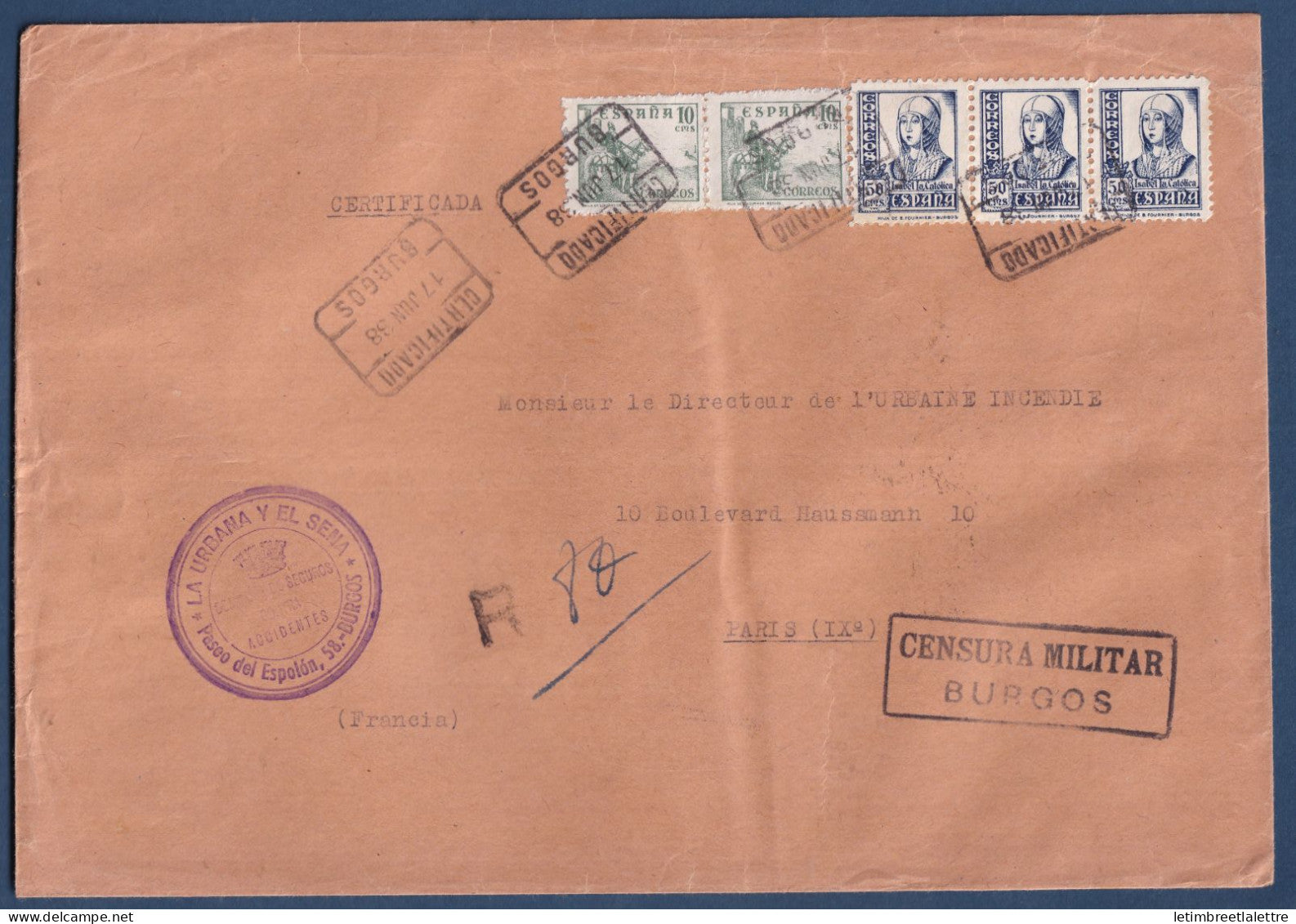 Espagne - Enveloppe censurée pour Paris - Censure militaire - Burgos - 1938