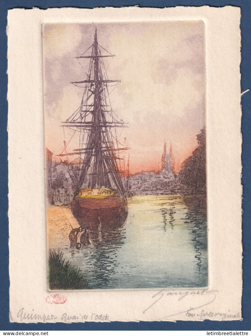 Eau Forte originale en Couleur - Quimper - Quai de l'Odet - Illustrateur Gauguet
