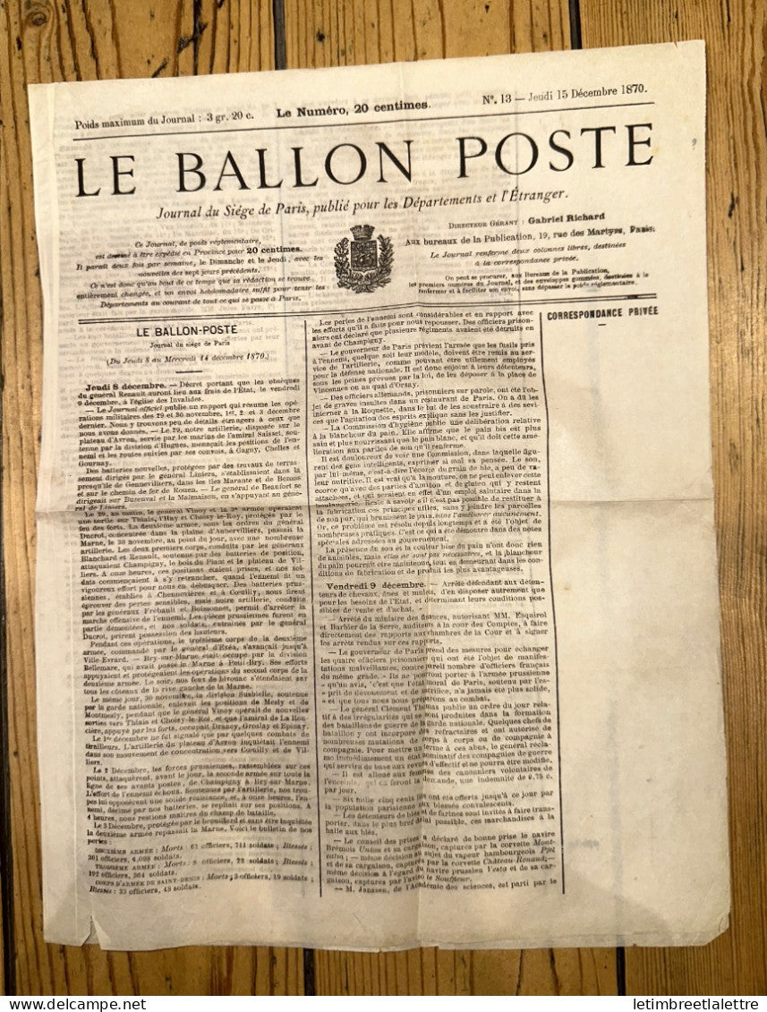 France - Journal le Ballon Poste - neuf - le n° 14 du jeudi 15 Décembre 1870
